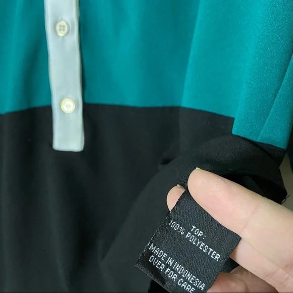 Colorblock Top Tunic Style Blouse Button Shirt Size Large Green Black 3/4 Sleeve - Picture 4 of 8